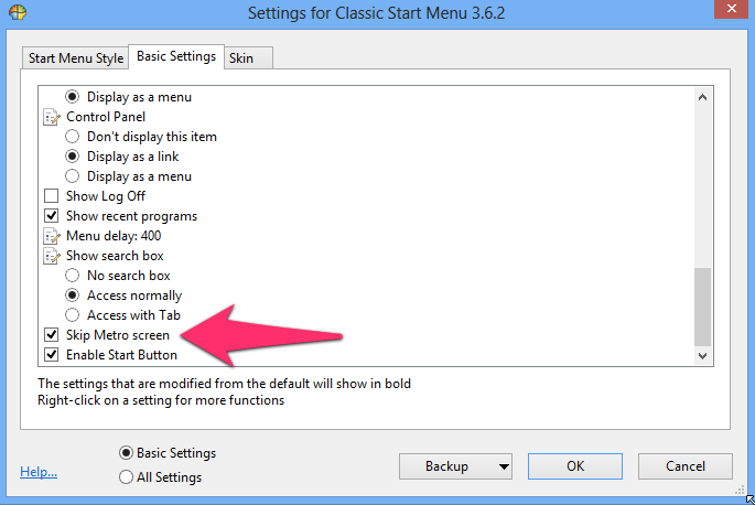 Settings for Start Menu