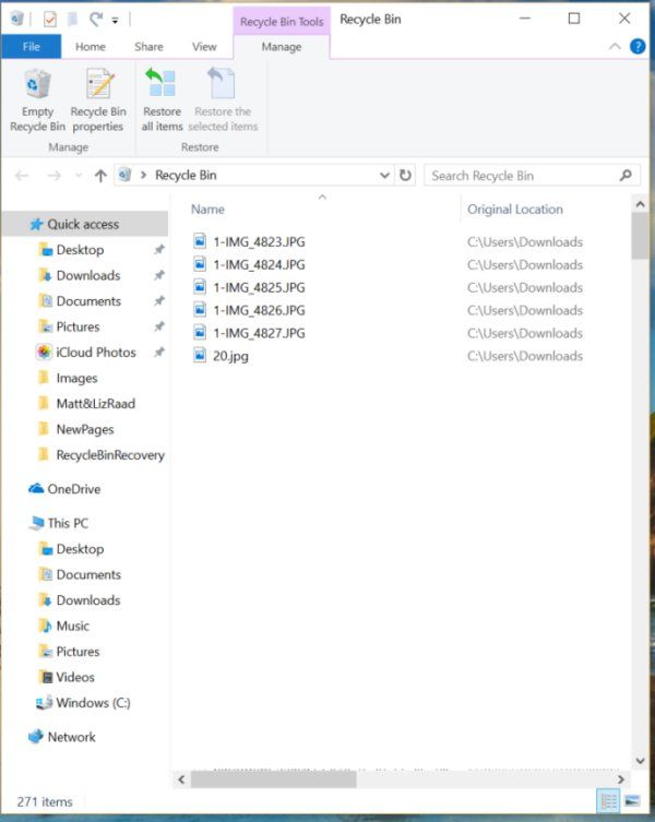 Recycle bin recovery-Recycle bin window with files to restore