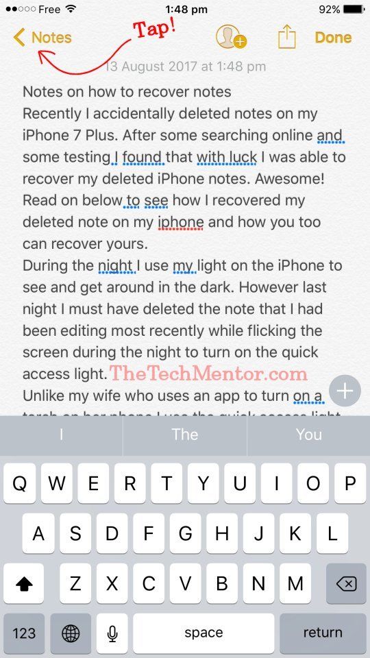 step 1 how to recover deleted notes iPhone 7 screen copy tap
