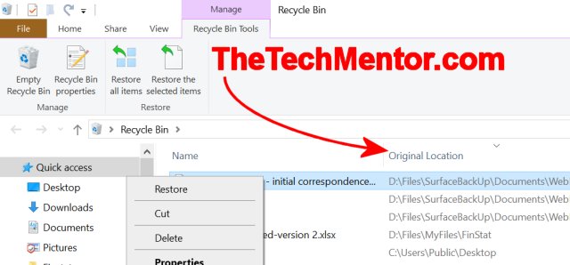 original location is where to find restored files from recycle bin