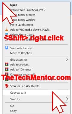 shift key and right click gives this menu with Copy as Path 