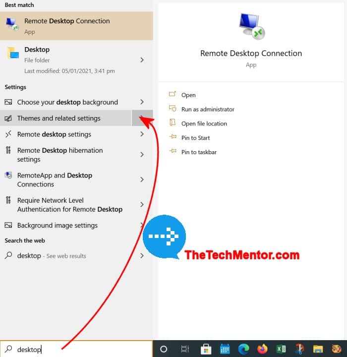 seacrh to find Themes and related settings in windows 10