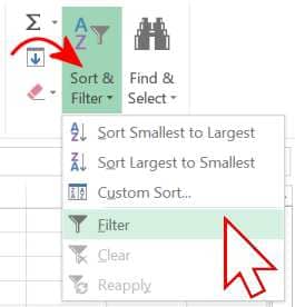 sort and filter buttons on excel ribbon