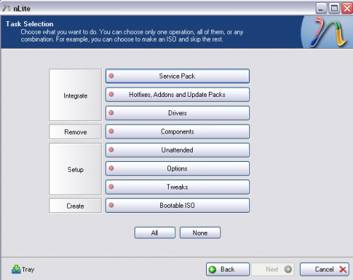 Windows XP nLite Task Selection
